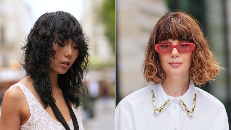 A woman with a curly black shag cut, and another with a copper curly bob and bangs