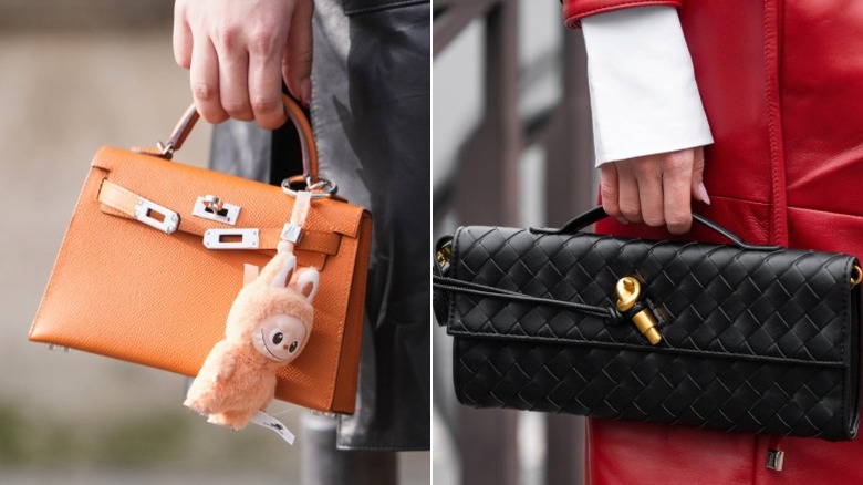 A woman carries a microbag with a Labubu attached, and another carries a woven east-west bag with gold hardware