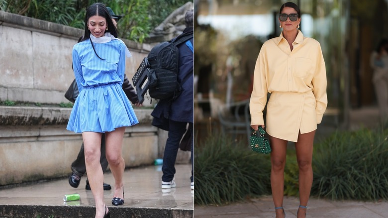 A woman in a pinstripe set and a woman in a yellow shirt and mini wrap skirt