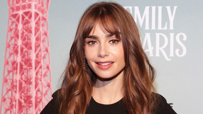 Lily Collins with bottleneck bangs