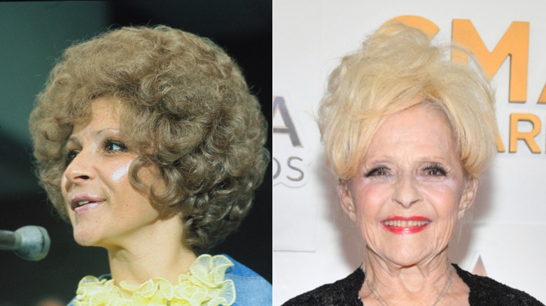 Brenda Lee with a curly hairdo in the '70s on the left and with lightly teased blond hair in 2023 on the right.