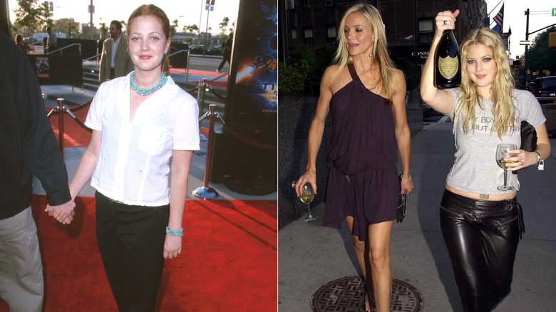 (L) Drew Barrymore on a red carpet in 2000 (R) Drew Barrymore and Cameron Diaz in 2003