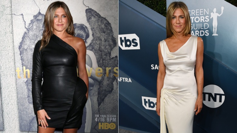 (L) Jennifer Aniston at the 2017 premiere for "The Leftovers"; (R) Jennifer Aniston at the 2020 Screen Actors Guild Awards