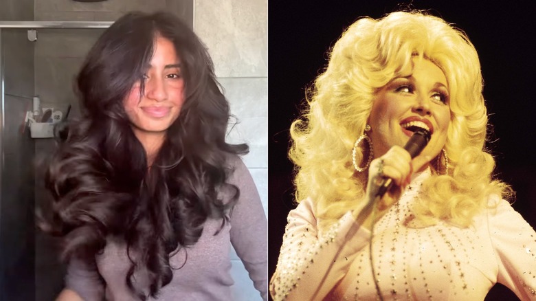 Left: A woman with a bouncy blowout hairstyle. Right: Dolly Parton with a blond blowout circa 1970s.