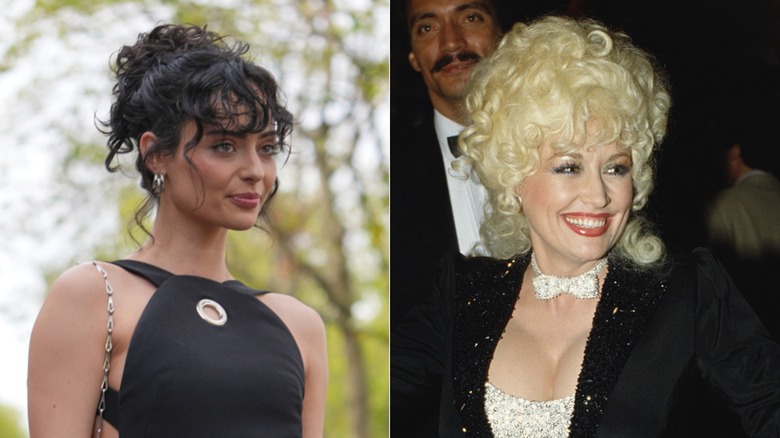 Left: A woman with her dark, curly hair in an updo. Right: Dolly Parton at the premiere of "Rhinestones" wearing a curly blond updo.