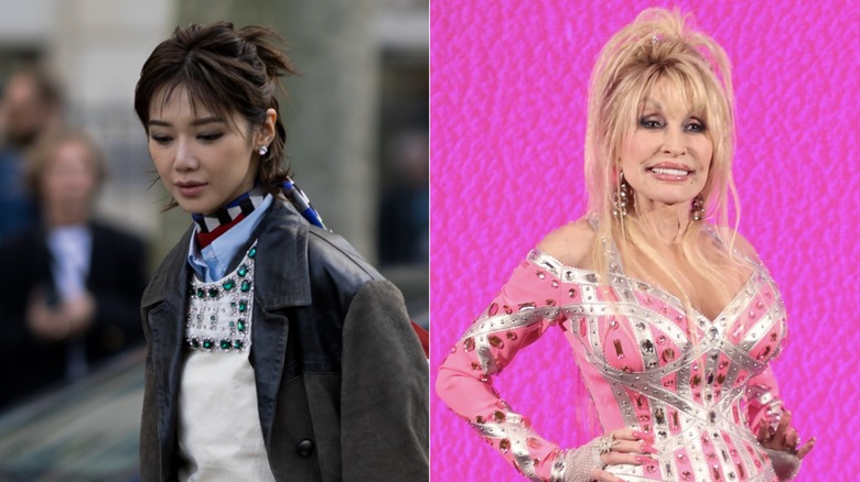 Left: A woman wears a half up, half down hairstyle. Right: Dolly Parton with a half up, half down hairstyle for a 2023 photoshoot.