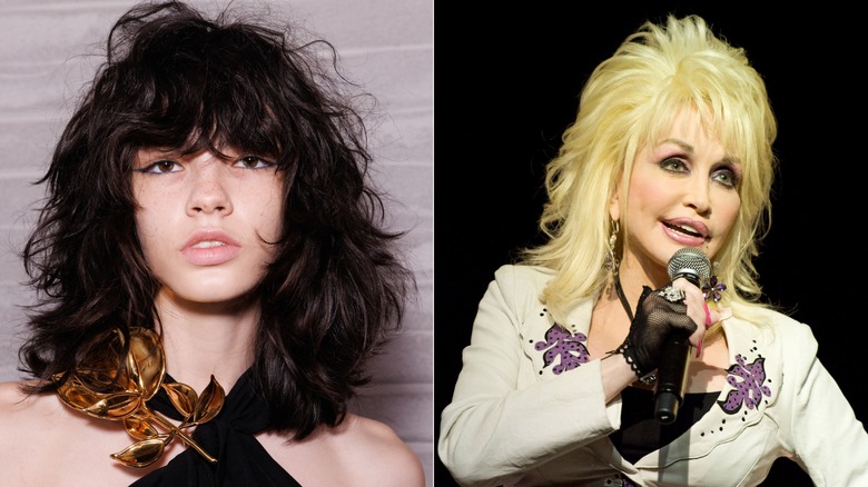 Left: A model sports a feathered mullet at Milan Fashion Week 2026. Right: Dolly Parton performs in 2010 with a teased up mullet wig.