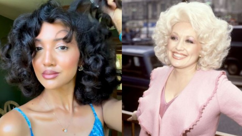 Left: A woman with short curly hair. Right: Dolly Parton in a short blond wig circa 1978.
