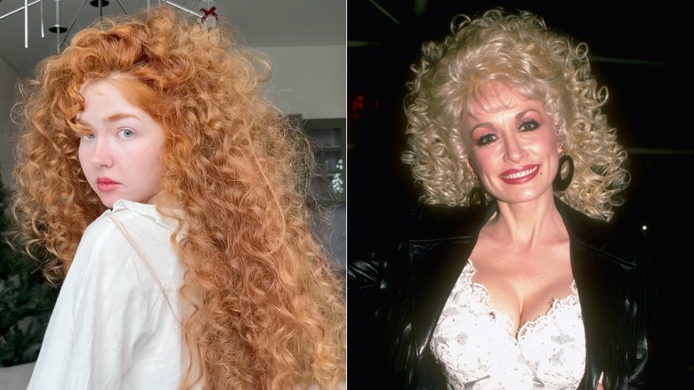 Left: A woman with long coily hair. Right: Dolly Parton with tight curls in the 1980s.