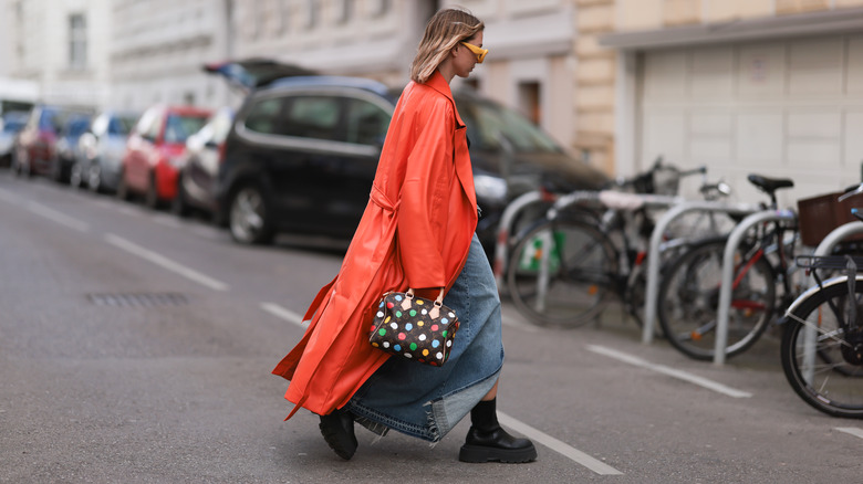 Woman wearing denim maxi skirt 