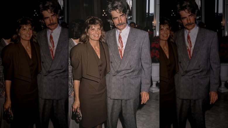 American actress Katharine Ross, wearing a brown suit, and her husband, American actor Sam Elliott, who wears a grey suit over a white shirt and a red-and-white patterned tie, attend the 48th Annual Golden Apple Awards at Beverly Wilshire Hotel in Beverly Hills, California, 11th December 1988
