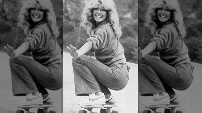 Farrah Fawcett skateboards on set of "Charlie's Angels"