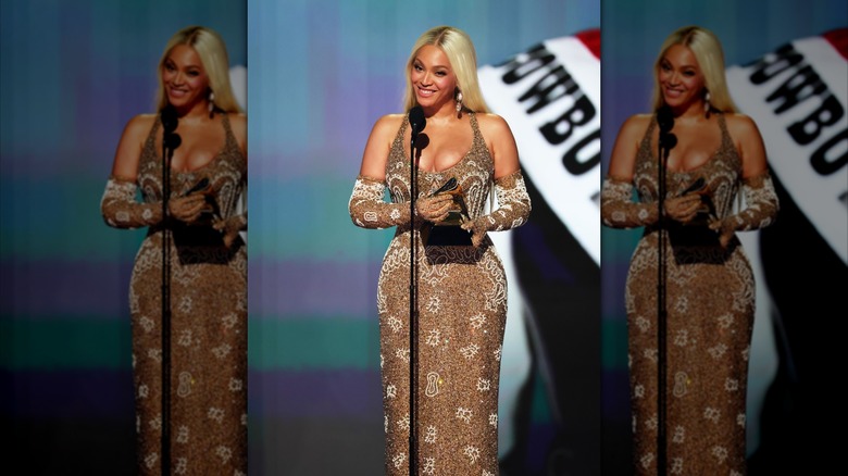 Beyoncé accepting an award at the 2025 Grammys
