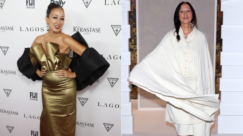 Pat Cleveland in a gold dress and in a white dress with a plait in her hair