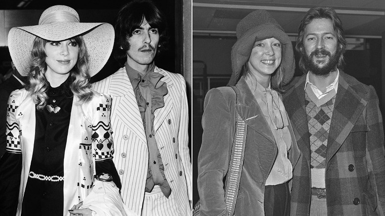 Pattie Boyd with George Harrison in 1968 on the left and with Eric Clapton in 1975 on the right.