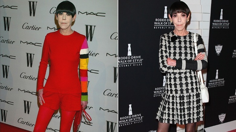 Peggy Moffitt wearing two mod-inspired outfits in the 2000s
