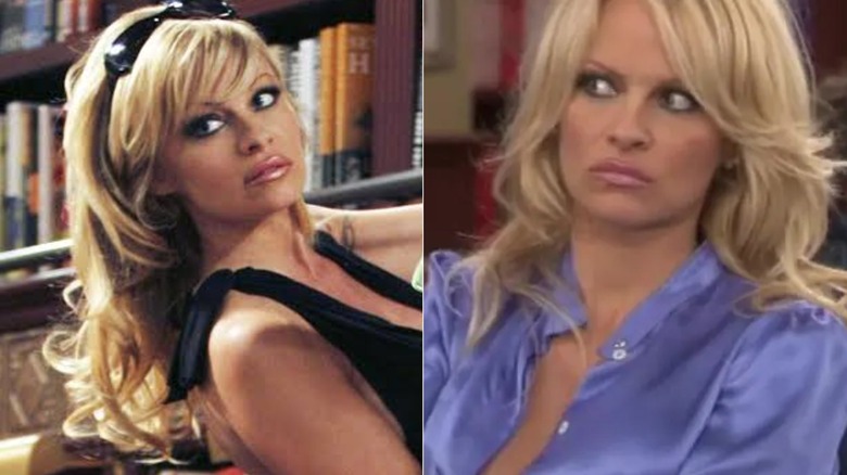 (L) Pamela Anderson in "Stacked" wearing a black top and headband (R) Pamela Anderson in "Stacked" wearing a blue shirt