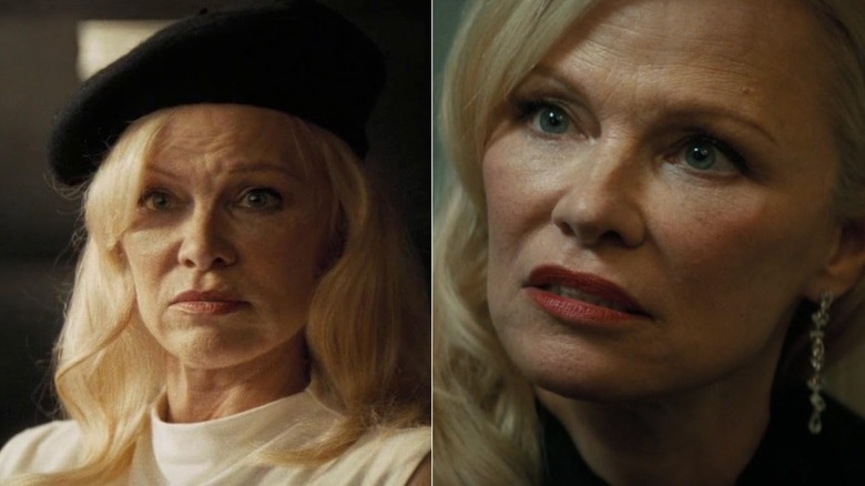 (L) Pamela Anderson in "The Naked Gun" looking concerned (R) Pamela Anderson in "The Naked Gun" wearing dangly earrings