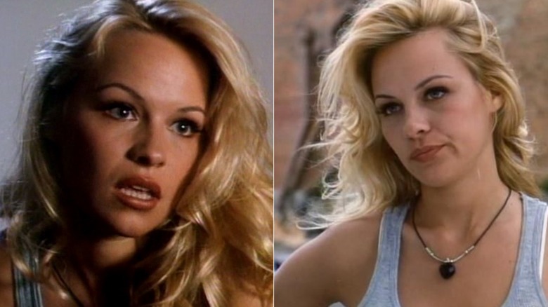 (L) Pamela Anderson in "Raw Justice" with voluminous soft curls (R) Pamela Anderson in "Raw Justice" looking annoyed