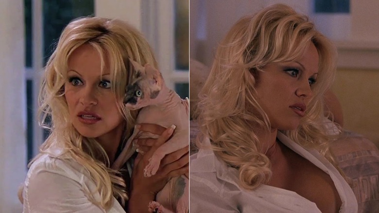 (L) Pamela Anderson in "Scary Movie 3" with a cat (R) Pamela Anderson in "Scary Movie 3" wearing curtain bangs