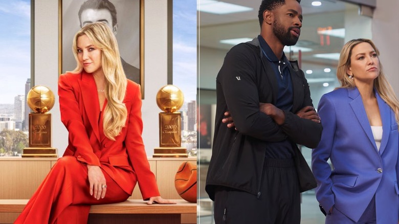 Kate Hudson in a red power suit next to Kate Hudson in a blue power suit with Jay Ellis