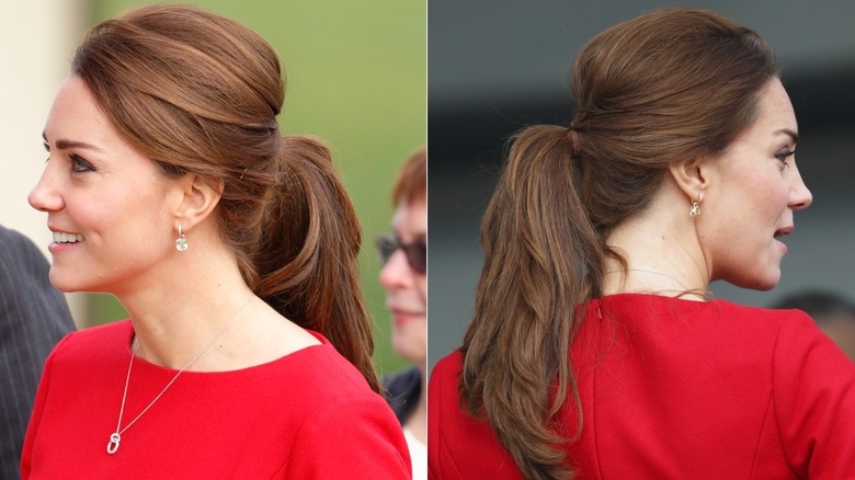 Kate Middleton wore a red long-sleeve dress and a messy low ponytail at the East Anglia's Children's Hospices Norfolk Capital Appeal launch event in Norwich, England in November 2014.