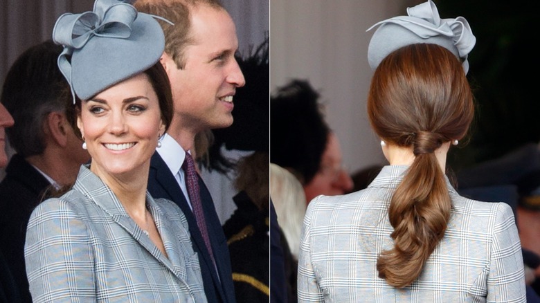 Kate Middleton wore a light gray fascinator atop a low ponytail and a gray plaid jacket while attending a Ceremonial Welcome for the President of Singapore at Horse Guards Parade in London in October 2014.