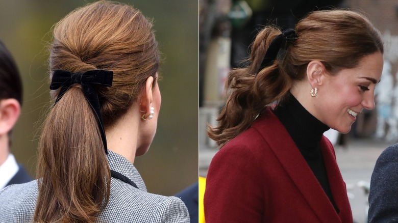 On left, Kate Middleton wears a black and white tweed jacket with her hair back in a ponytail with a black ribbon during a visit to UCL Developmental Neuroscience Lab at UCL London in November 2018. On right, Kate Middleton wears a maroon jacket with a black turtleneck sweater underneath and a ponytail with a black ribbon at the Leicester Football Club in Leicester, England in November 2018.