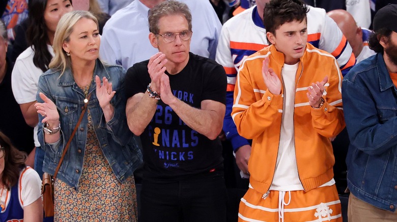 Christine Taylor, Ben Stiller, and Timothee Chalamet at the Knicks vs Spurs game