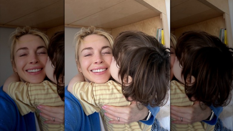 Lindsay Lohan's son Luai gives her a kiss on the cheek