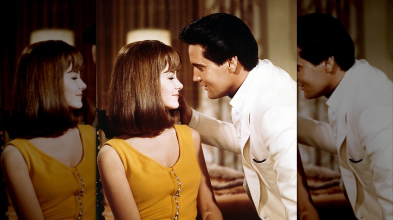 Shelley Fabares wearing a yellow dress and Elvis Presley in a white suit in "Spinout."