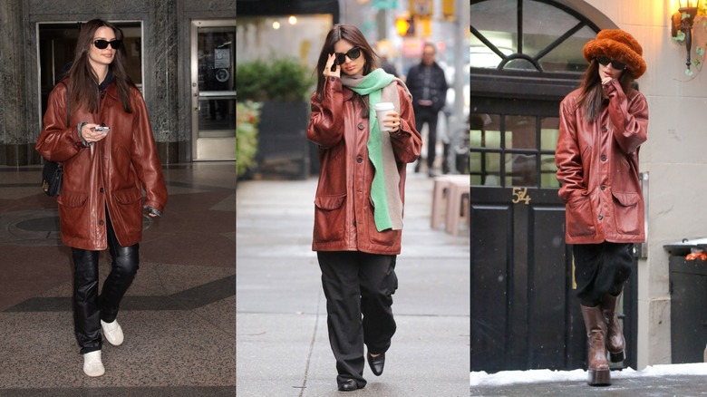 Emily Ratajkowski wearing a brown jacket with different outfits