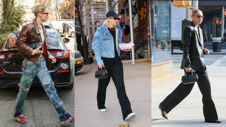 Gigi Hadid wearing a black Miu Miu bag on multiple ocassions