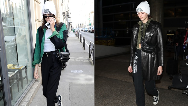 Kaia Gerber wearing a white hat with different outfits