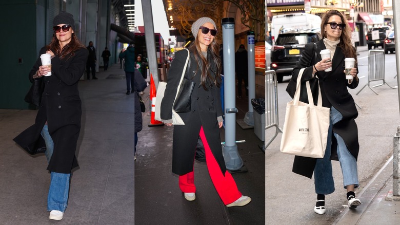 Katie Holmes wearing the same black coat on multiple ocassions
