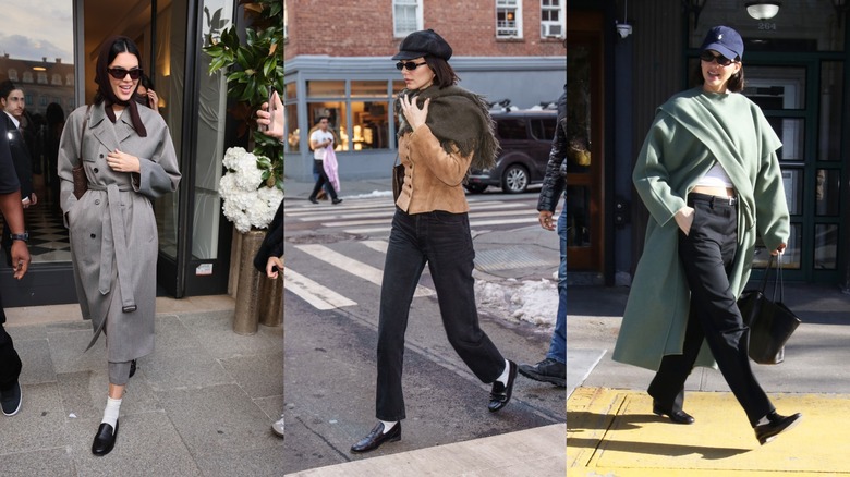 Kendall Jenner wearing black loafers with different outfits