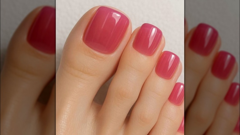 A pedicure with pink jelly nail polish