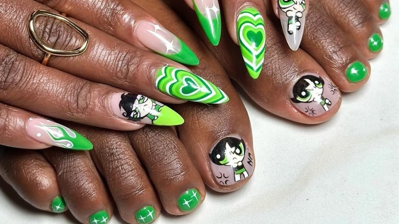 Green Powerpuff Girls mani and pedi