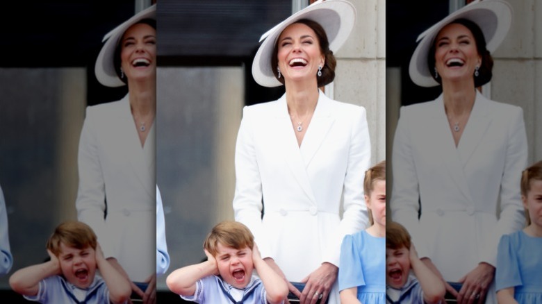 Prince Louis covers his ears as mom Kate Middleton laughs behind him