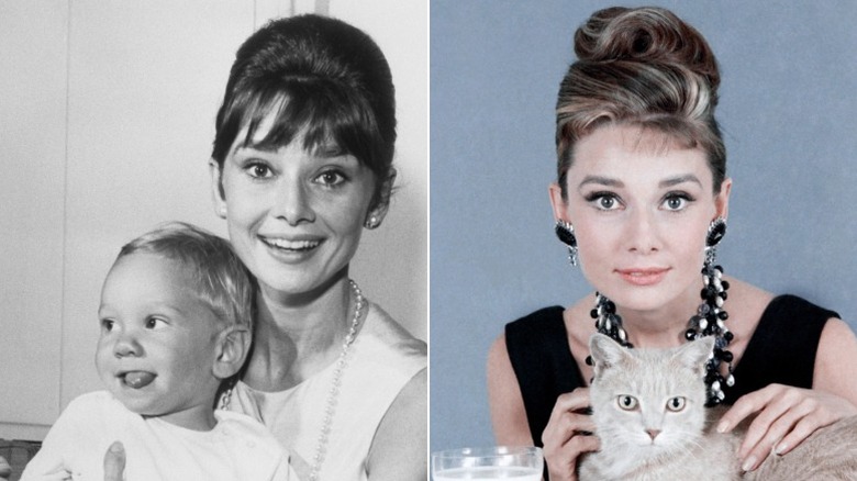 Audrey Hepburn holding her son on her lap and in Breakfast at Tiffany's