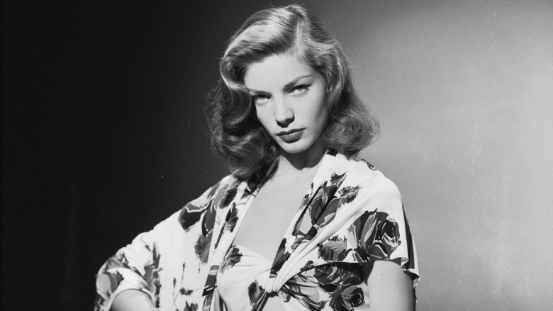 Lauren Bacall wearing a floral summer suit circa 1945