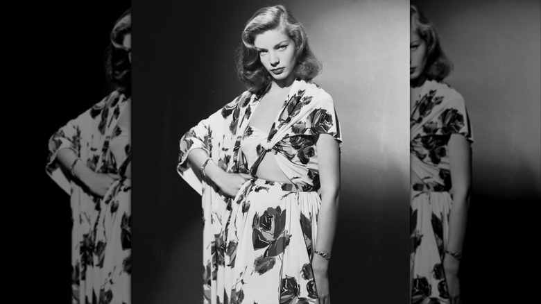Lauren Bacall wearing a floral print summer suit circa 1945