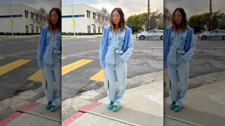 woman in blue denim outfit