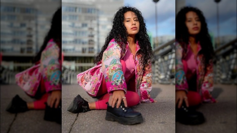 Girl wearing pink quilted jacket