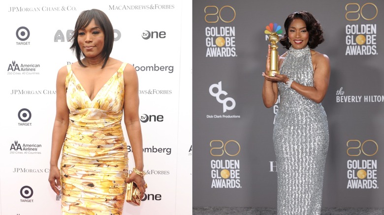 (L) Angela Bassett smiles wearing a floral yellow dress (R) Angela Bassett smiles wearing a silver turtleneck gown