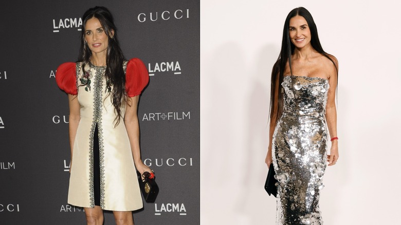 (L) Demi Moore smiles wearing a white short dress with red puff sleeves (R) Demi Moore smiles wearing a sequin-encrusted dress
