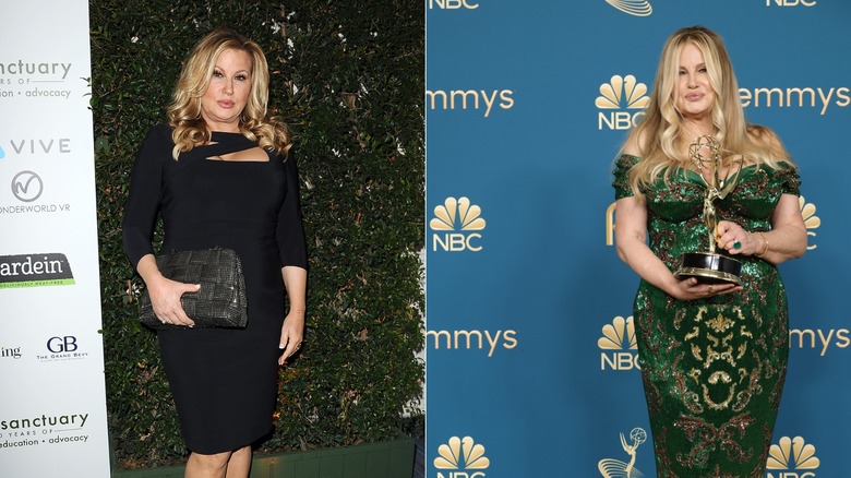 (L) Jennifer Coolidge pouts wearing a black dress (R)  Jennifer Coolidge poses holding an Emmy award wearing a velour green off-the-shoulder dress