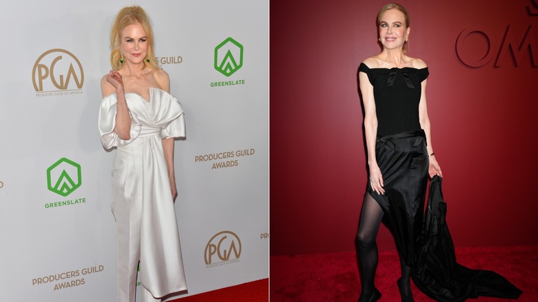 (L) Nicole Kidman smiles wearing a white puff-shoulder dress (R) Nicole Kidman poses wearing a black top and satin skirt