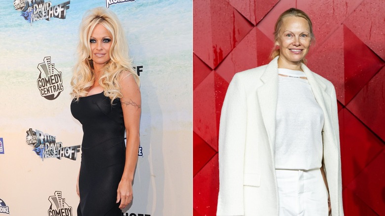 (L) Pamela Anderson smiles wearing a black dress (R) Pamela Anderson smiles wearing white trousers, a white jumper, and a cream blazer draped over her shoulders