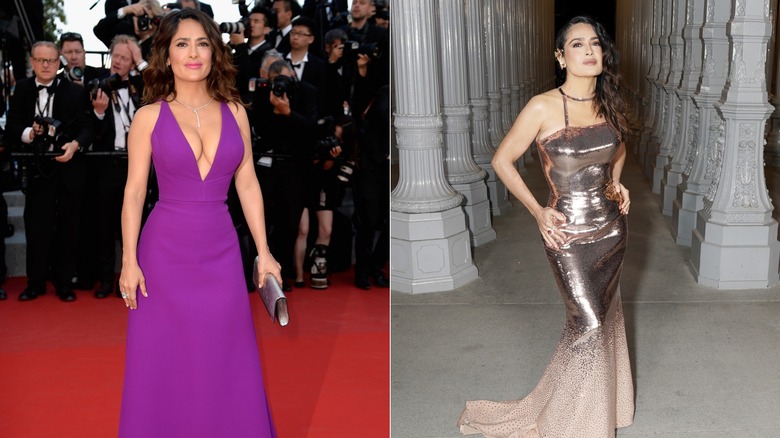 (L) Salma Hayek smiles wearing a deep-cut purple dress (R) Salma Hayek poses wearing a bronze dress